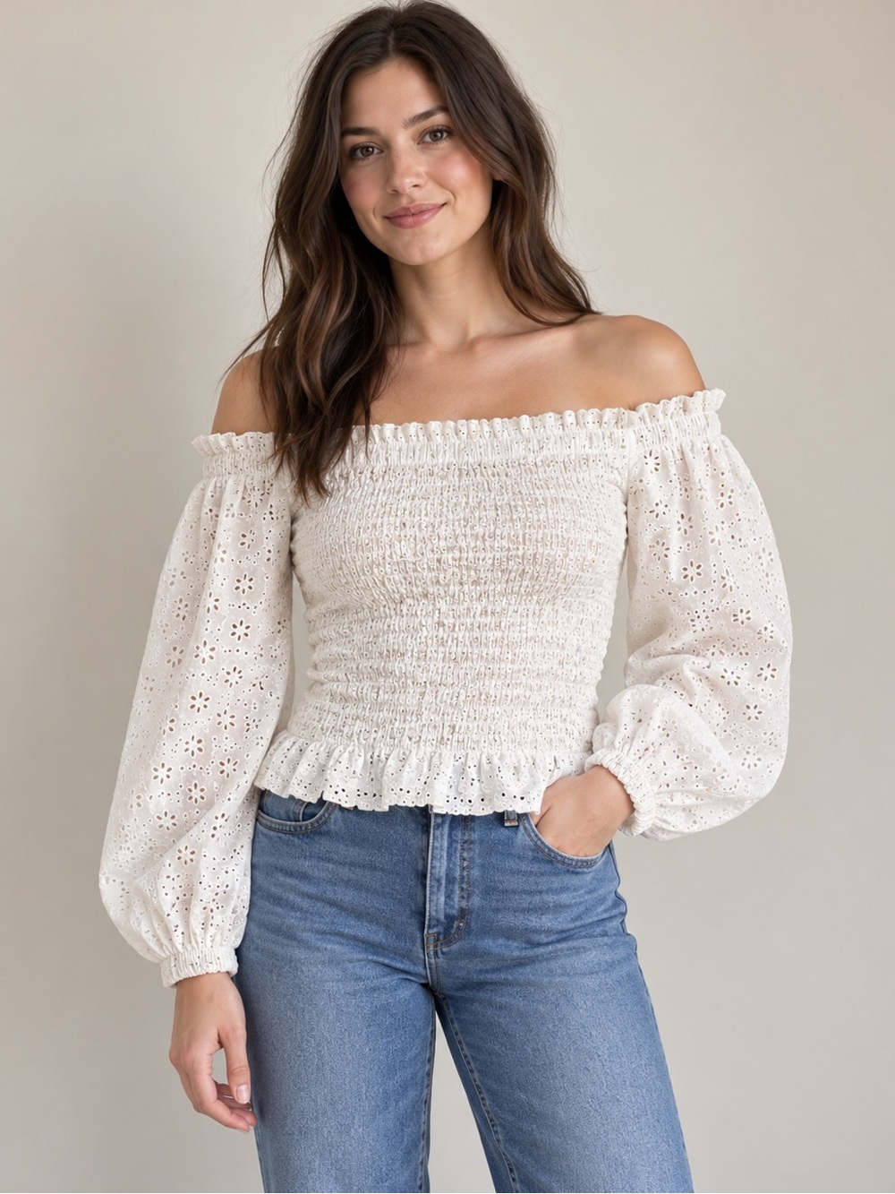 Nordstrom Off-Shoulder Eyelet Smocked Peplum Top - White